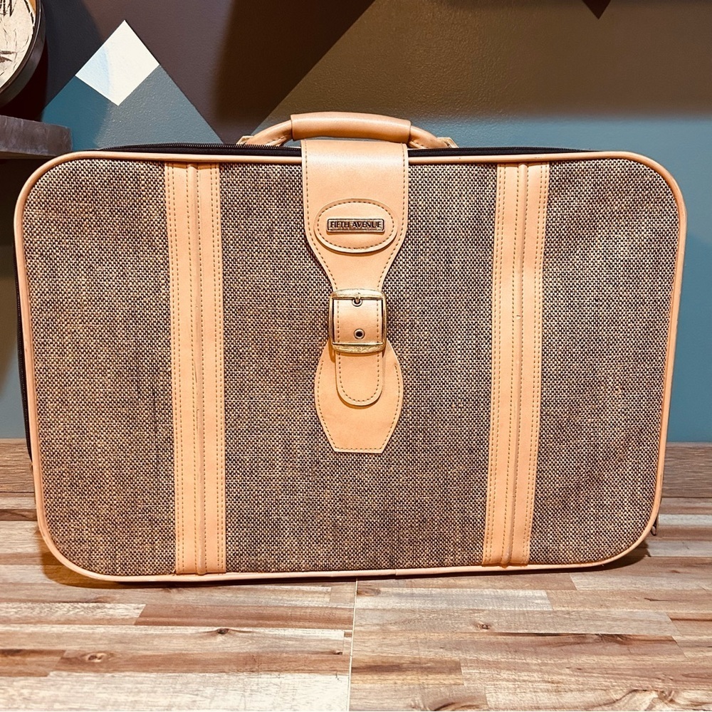 Vintage Fifth Avenue Tweed Hard-Sided Suitcase Tan Leather Trim